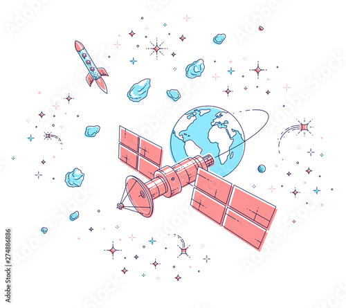 Communication satellite flying orbital spaceflight around earth, spacecraft space station with solar panels and satellite antenna plate, with rockets, stars and other elements. Vector.