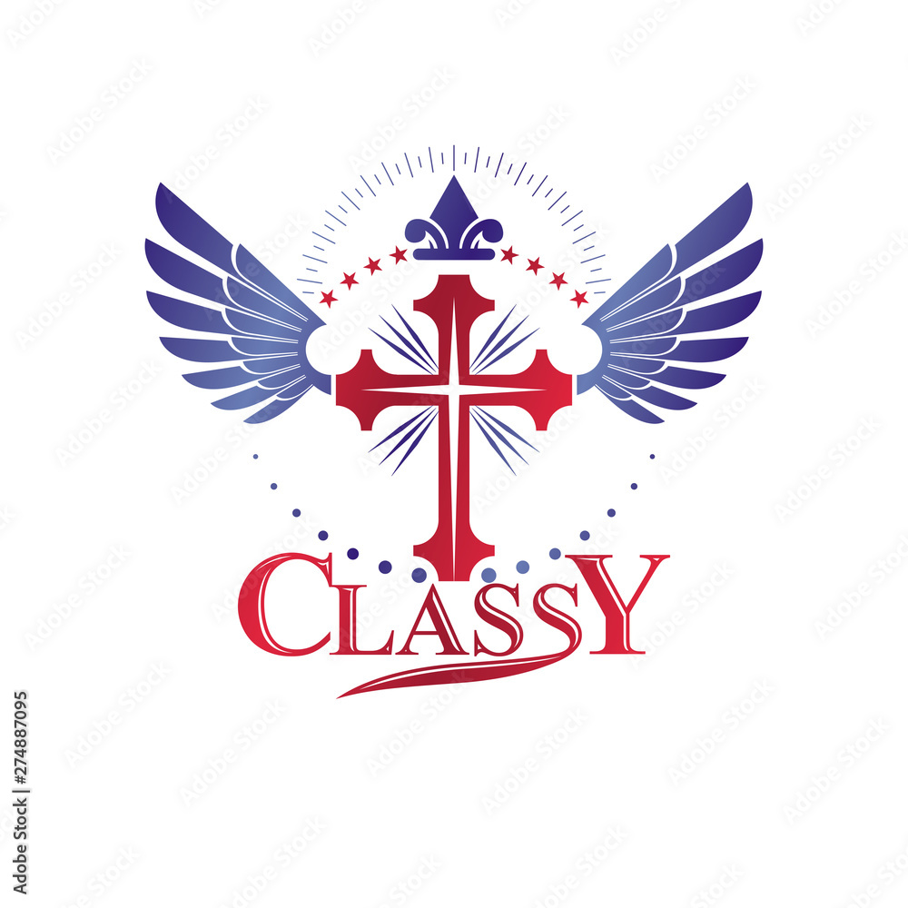 Cross of Christianity Religion emblem composed with bird wings and royal Lily flower. Heraldic Coat of Arms decorative logo isolated vector illustration. Guardian angel.