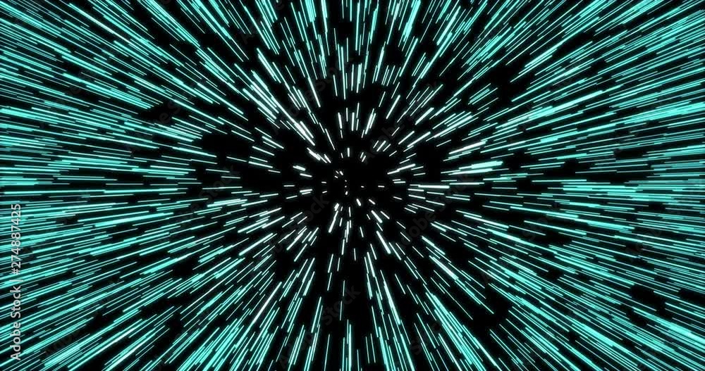 Lightspeed abstract background with moving stars on a black background. animation for speed and acceleration of space and time. Light effect in speed with different colors From point to strings