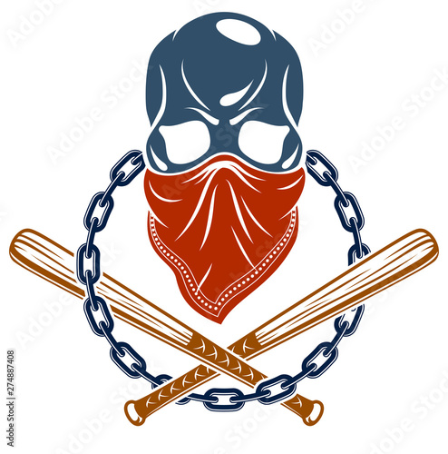 Criminal tattoo ,gang emblem or logo with aggressive skull baseball bats design elements, vector, bandit ghetto vintage style, gangster anarchy or mafia theme.