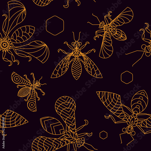 Crystal Bees - lineart seamless pattern