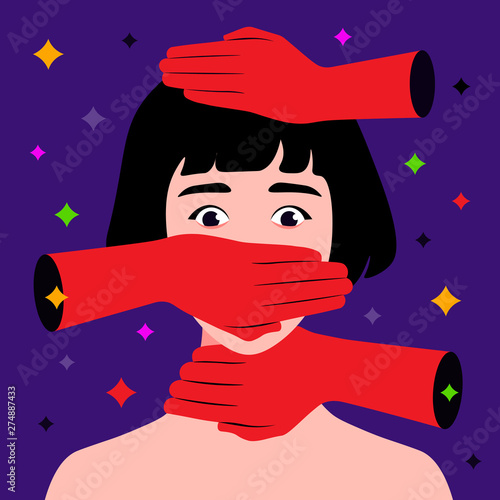 Psychological violence in the family. Abuse Portrait of a woman with closed mouth and hand that is stifling. Vector flat illustration