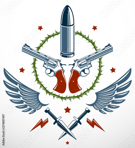 Bullets and guns vector emblem of Revolution and War, logo or tattoo with lots of different design elements, anarchy and chaos concept, criminal and gangster style, social tension theme.