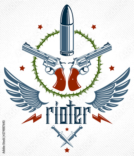 Bullets and guns vector emblem of Revolution and War, logo or tattoo with lots of different design elements, anarchy and chaos concept, criminal and gangster style, social tension theme.