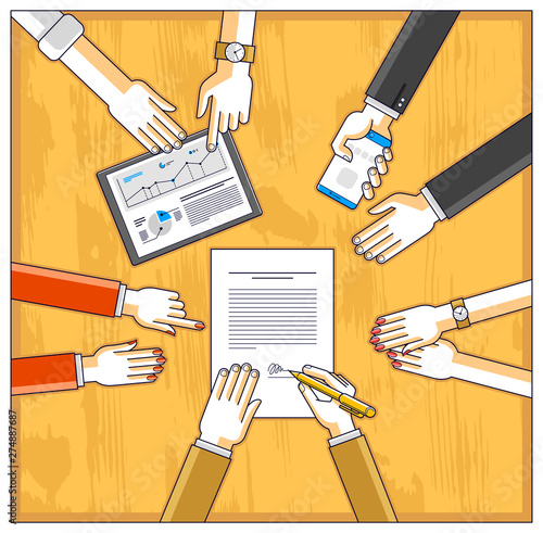 Business team make a presentation for investor and explains their plan with analytics, loaner or CEO chief signs financial document or order approve, deal conclusion. Top view of people hands. Vector.