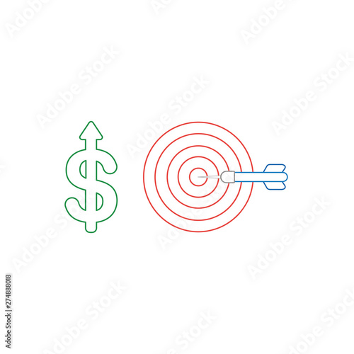 Vector icon concept of dollar symbol with arrow moving up and bulls eye with dart in the center.