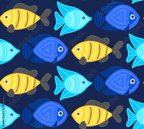 Vector seamless pattern with colorful abstract fish. Undersea world. Aquarium. Wrapping paper, package, wallpaper, poster, clothing and other textile in a pet store, fishing gear shop or aquapark