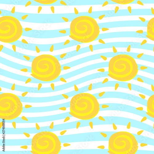 Vector seamless pattern with yellow sun with Ayurveda ether sign on marine background. Cute summer colorful wallpaper. For textile and fabric, cover, print on clothes.