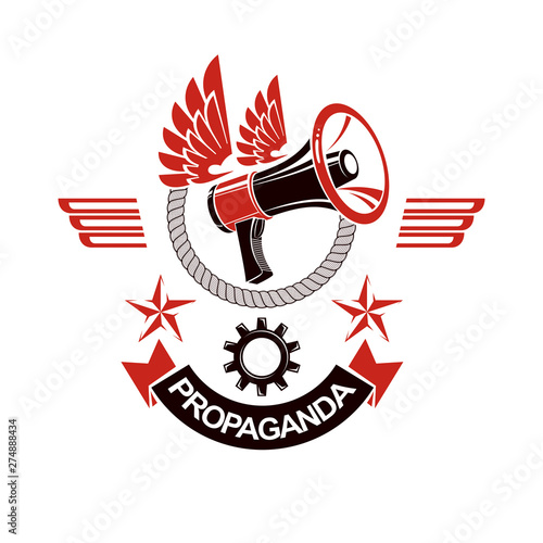 Decorative vector emblem composed with winged loudspeaker and rope. Propaganda as the means of manipulation and control, no restrictions conceptual emblem.