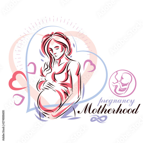 Pregnant female beautiful body outline, mother-to-be drawn vector illustration. Mothers day conceptual poster
