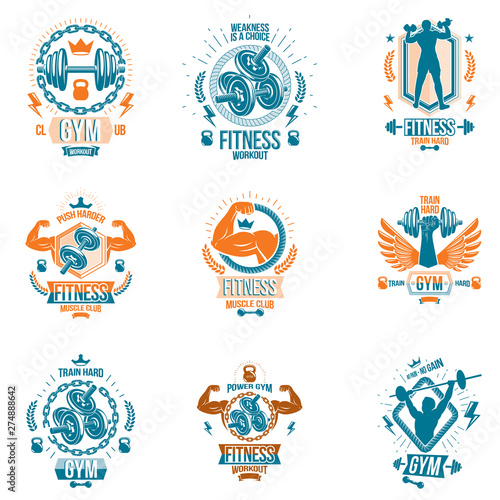 Set of vector bodybuilding theme emblems and advertising posters composed using dumbbells, barbells, kettle bells sport equipment and bodybuilder perfect shapes.