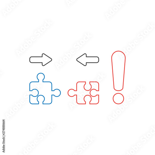 Vector icon concept of two pieces of jigsaw puzzle pieces that are incompatible with each other and red exclamation mark.