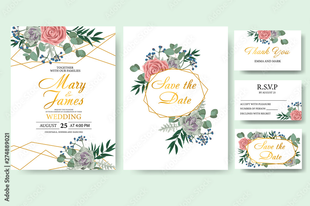 Wedding floral invitation card save the date design with green leaf herbs eucalyptus, rose, succulent and golden frame. Botanical elegant decorative vector template