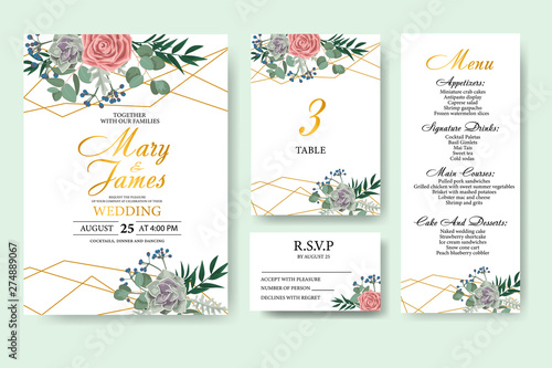 Wedding floral invitation card save the date design with green leaf herbs eucalyptus  rose  succulent and golden frame. Botanical elegant decorative vector template
