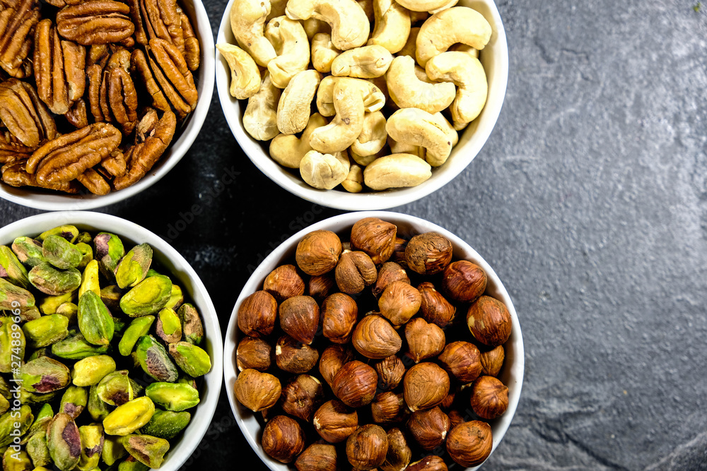 Selection of Mixed Nuts, Pistachio nuts, Pecan Nuts, Cashew Nuts and Hazel Nuts Selection of Mixed Nuts, Pistachio nuts, Pecan Nuts, Cashew Nuts and Hazel Nuts