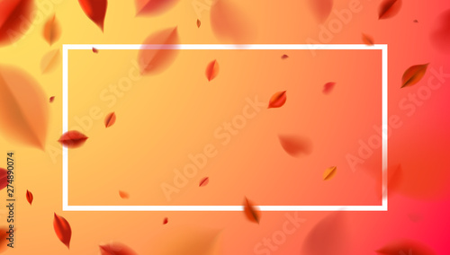 Fall background with blurred flying red leaves and white frame, autumn nature vector design