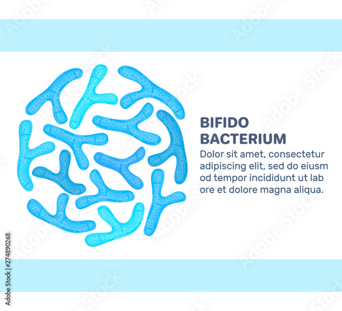 Vector background with probiotics in circular shape. Bifidobacterium. Microbiome. Medicine or dietary supplement. Landing page template, banner, mailing, label, presentation, brochure, advertising