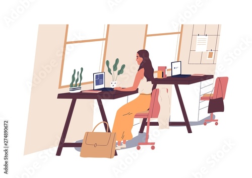 Cute woman sitting at desk and working on laptop computer at office. Young professional or female employee at workplace. Daily routine, everyday life. Flat cartoon colorful vector illustration.