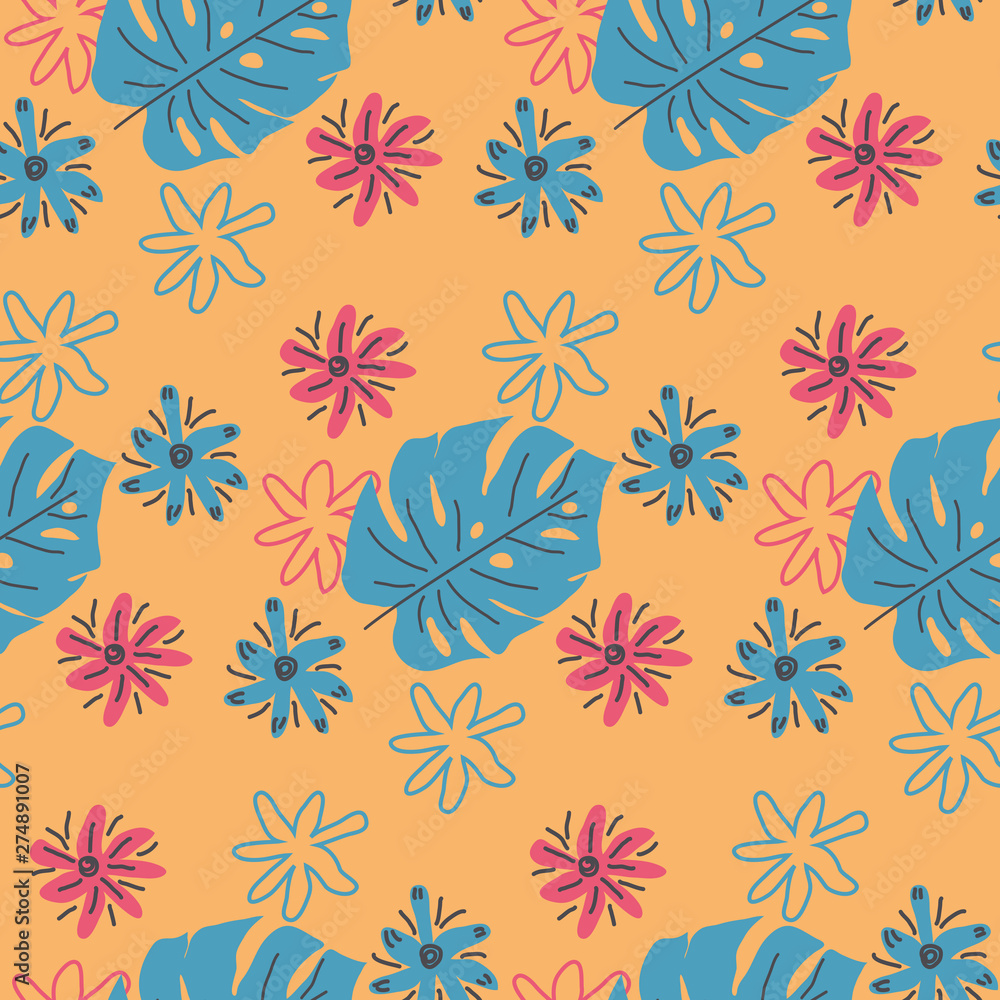 monstera leaves hand drawn seamless pattern. Tropical background. monstera leaves hand drawn seamless pattern. Tropical background.