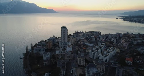 Drone shot of montreux during sunset photo