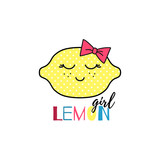 Lemon kawaii Cute Print on Children's t-Shirt. Vector Happy Cute Fruit and slogan GIRL LEMON.
