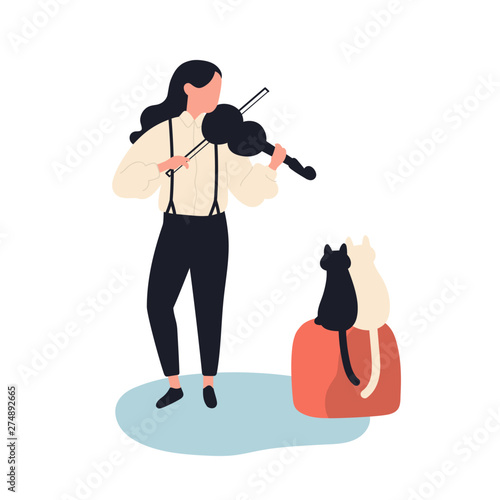 Cute girl playing violin for her cats
