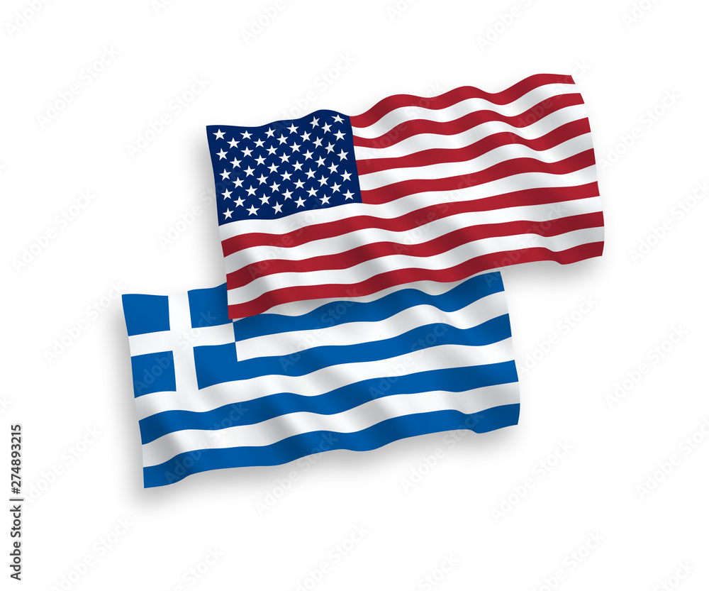 Obraz premium National vector fabric wave flags of Greece and USA isolated on white background. 1 to 2 proportion.