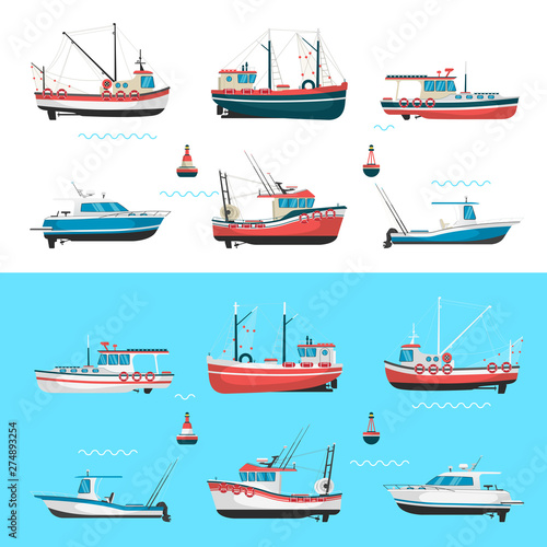 Fishing boats side view and buoys with blue sea background and isolated on white. Side view illustration.