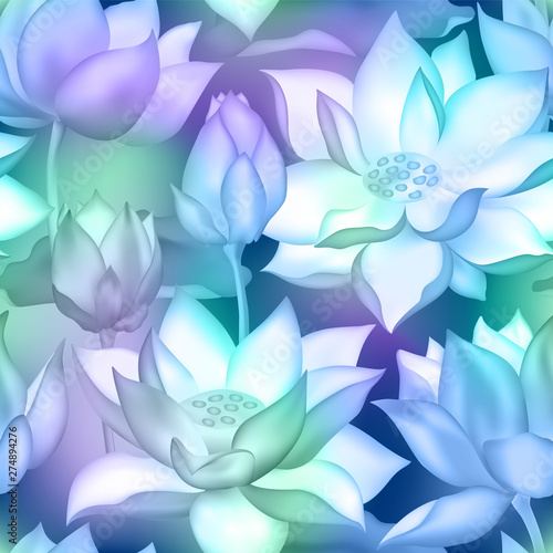 Lotus buds and flowers seamless vector pattern., Water lilly nelumbo aquatic plant illustration.