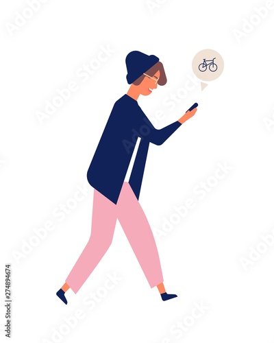 Young teenage man in hat using electronic gadget while walking. Funny adorable boy surfing internet on mobile phone. Smartphone zombie or digital addict. Flat cartoon colorful vector illustration.