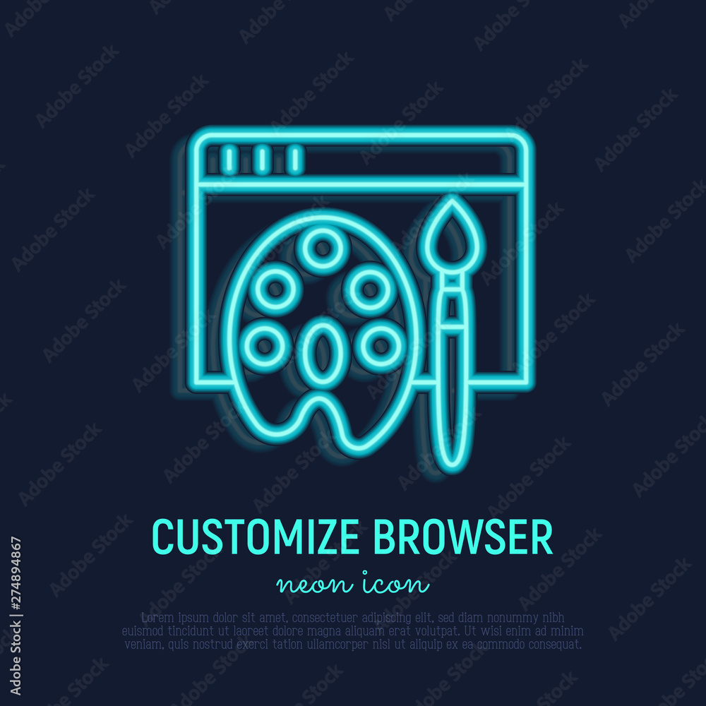 Customize browser neon thin line icon: web page with paint palette and brush. Modern vector illustration. Customize browser neon thin line icon: web page with paint palette and brush. Modern vector illustration.