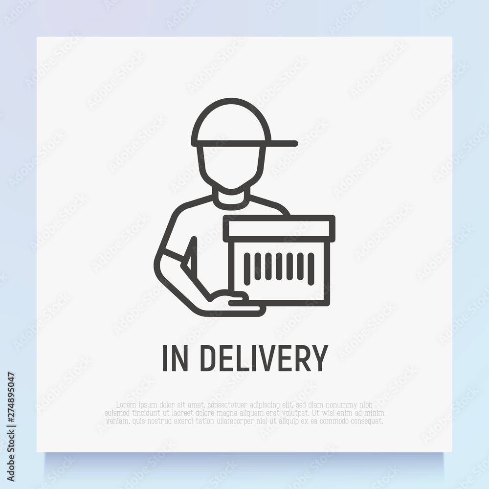 Delivery of parcel thin line icon: courier with package. Modern vector illustration of postal shipment.