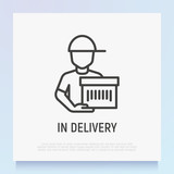 Delivery of parcel thin line icon: courier with package. Modern vector illustration of postal shipment.