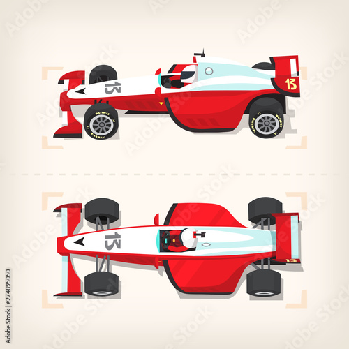 Set of colorful fast motor racing cars on a start line.