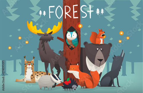 Portrait of friendly typical wild forest animals taking picture in the woods on sunset with trees on the background. Vector illustration