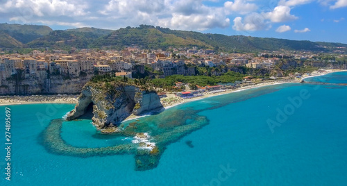Panoramic aerial view of Tropea coastline and beaches in summer  Calabria - Italy