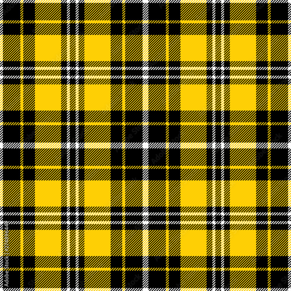 Yellow, black and white tartan plaid pattern. Flannel textile