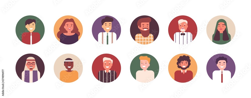 Collection of portraits of happy male and female office workers or employees. Bundle of smiling people or clerks from multinational business team. Set of avatars. Flat cartoon vector illustration. Collection of portraits of happy male and female office workers or employees. Bundle of smiling people or clerks from multinational business team. Set of avatars. Flat cartoon vector illustration.