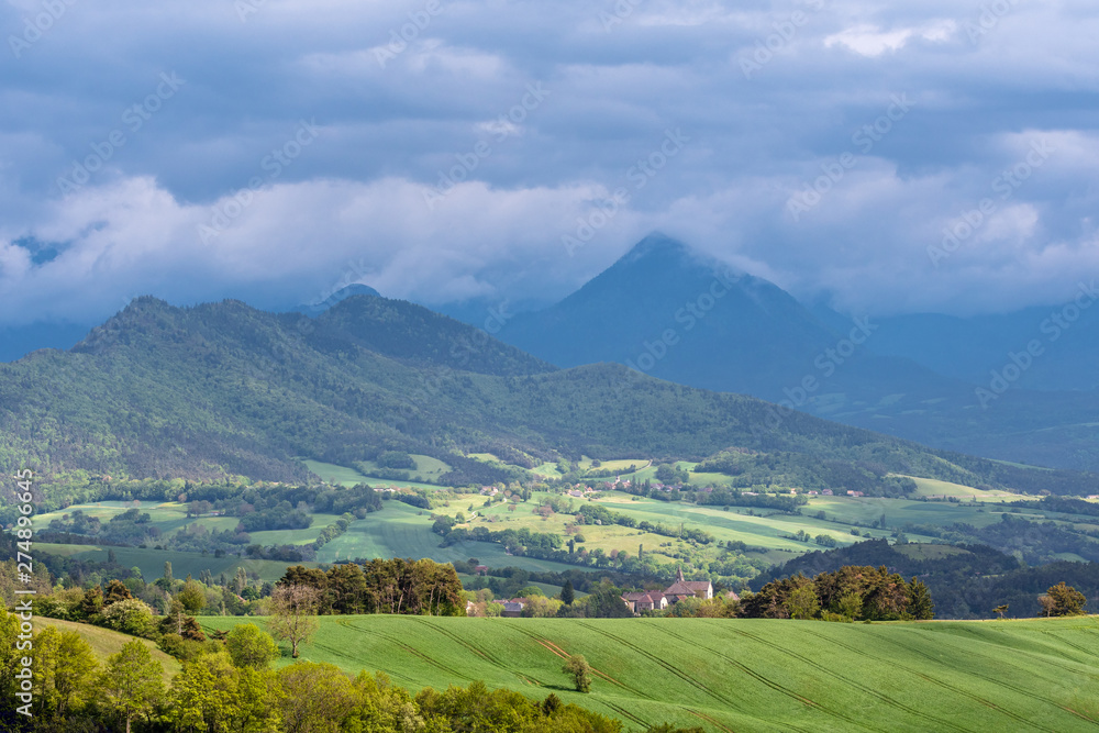 French landscape - Vercors. Panoramic view over the peaks of the Vercors in France.