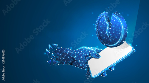 Phone in a hand, Broken Coin on white mobile screen. Money downtrend, investment app concept. Abstract, digital, wireframe, low poly mesh, polygonal Raster blue neon 3d illustration. Dot, line