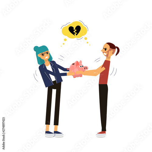 Man and woman are holding cute piggy bank. Couple is arguing about money.