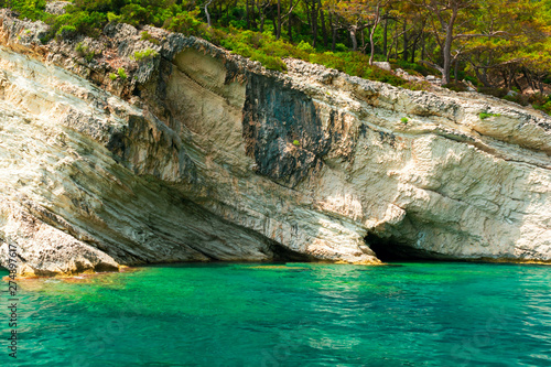 Sea view on seaside of Taurus Mountains covered pine forest. Travel concept.