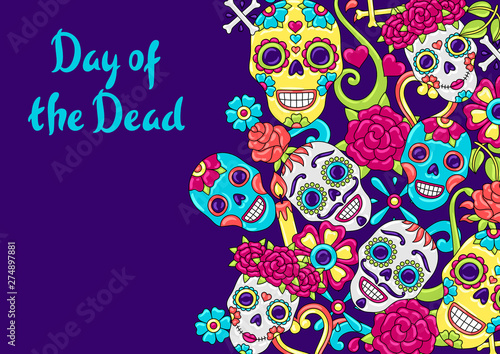 Day of the Dead invitation card. Sugar skulls with floral ornament.