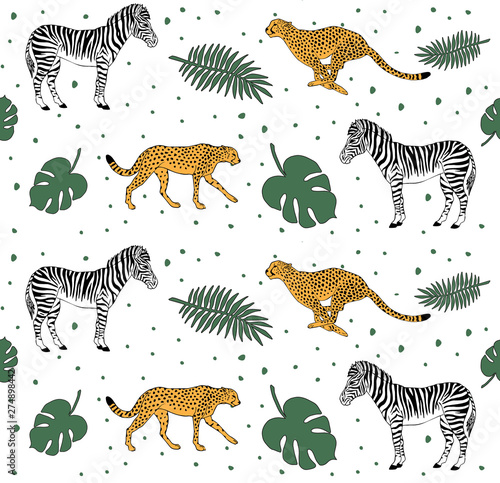 Vector seamless pattern of hand drawn doodle sketch zebra and cheetah floral tropical isolated on white background 