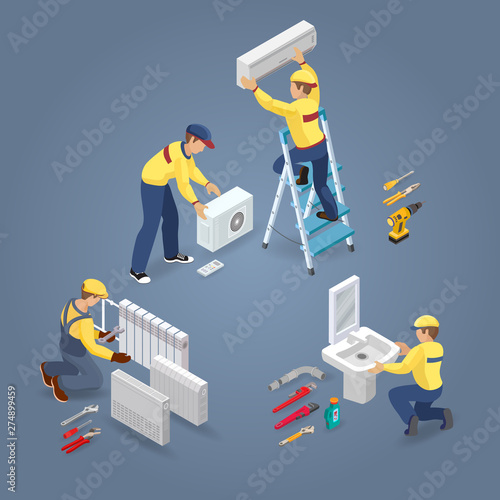 Conditioner, Heating, Plumber service. Isometric interior repairs icons. Vector.