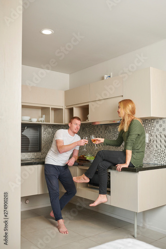 Positive young couple clinking wine glasses whne having romantic dinner at home photo