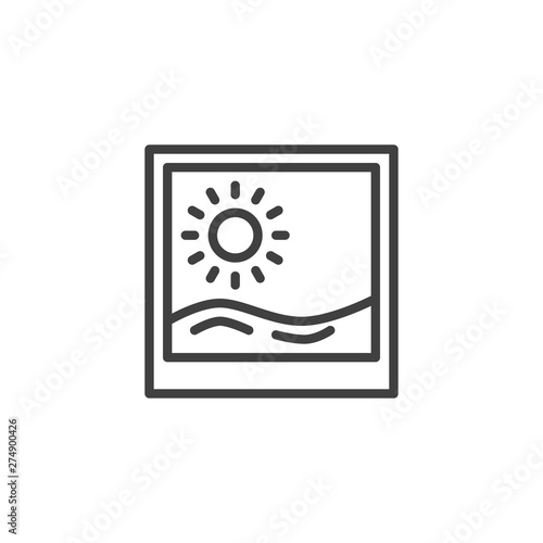 Summer vacation photography line icon. linear style sign for mobile concept and web design. Picture with sun and sea waves outline vector icon. Travel symbol, logo illustration. Vector graphics