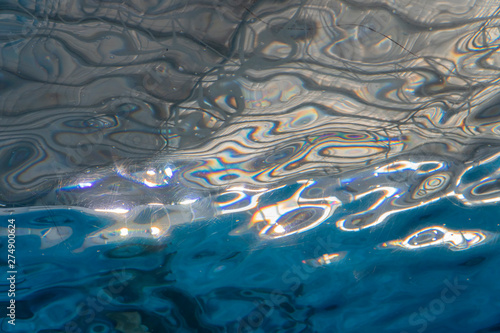 The light hits the mirror on the water surface.