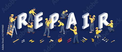 Isometric house repair services concept. Builders installed letters. Vector.