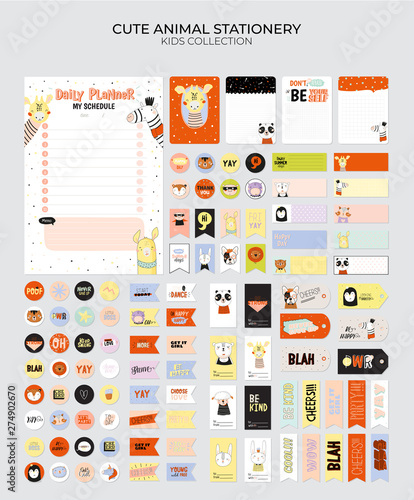 Set of weekly planners and to do lists with zero waste illustrations and trendy lettering. Template for agenda, planners, check lists, and other kids stationery. Isolated. Vector